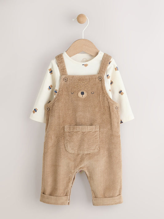 Tan Brown Bear Baby Cord Dungarees and Bodysuit Set (0mths-2yrs)