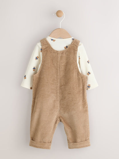 Tan Brown Bear Cord Dungarees and Bodysuit Baby Set (0mths-2yrs)