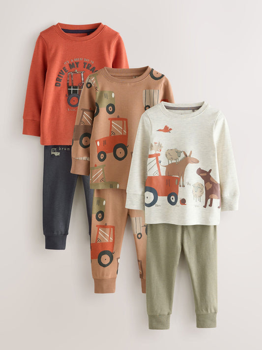 Brown/Orange Mini Snuggle Pyjamas 3 Pack (9mths-10yrs) image 1