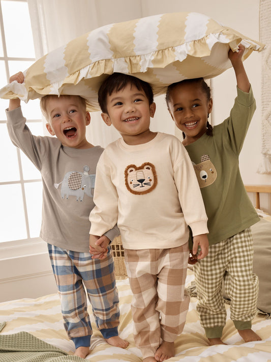 Olive Green/Stone/Ecru Animal Check Woven Bottom Pyjamas 3 Pack (9mths-8yrs) image 1