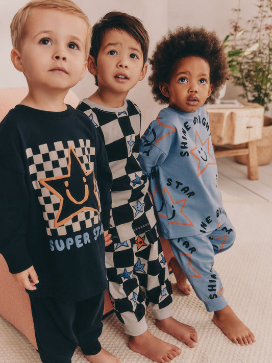 Multi Star and Checkerboard Oversized Pyjamas 3 Pack (9mths-10yrs) image 1