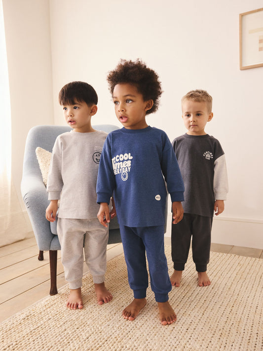 Blue/Grey Slogan Relaxed Fit Pyjamas 3 Pack (9mths-10yrs) image 1