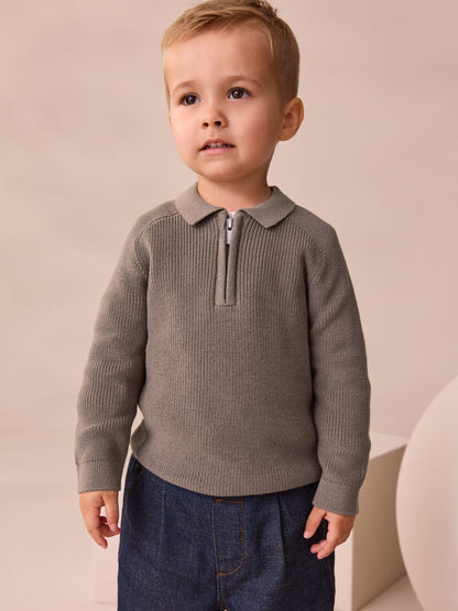 Dsiney Kidz - Mink Brown Long Sleeve Quarter Zip Knitted Polo Shirt (3mths-7yrs) image 1