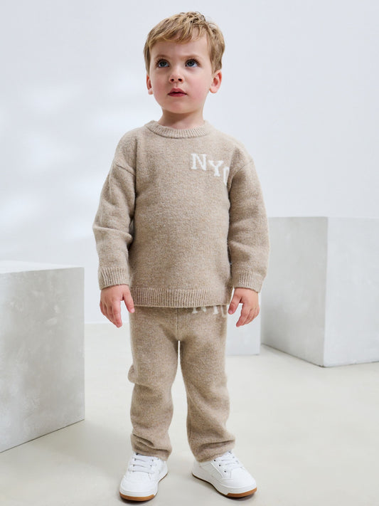 Neutral Knitted NYC Varsity Jumper and Joggers Set (3mths-7yrs) image 1