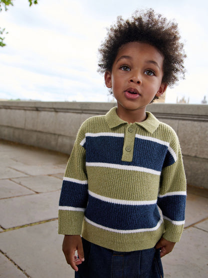 Dsiney Kidz - Green/Blue Knitted Stripe Rugby Polo Shirt (3mths-7yrs) image 1