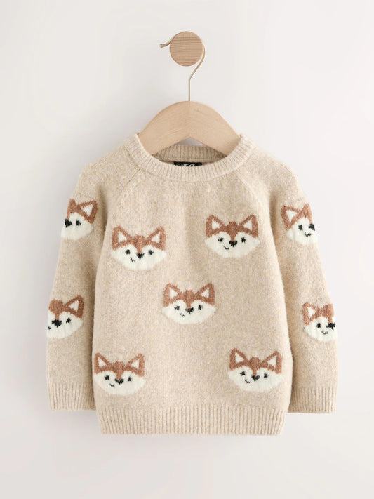 Neutral Fox Print Knitted Crew Neck Jumper (3mths-7yrs)