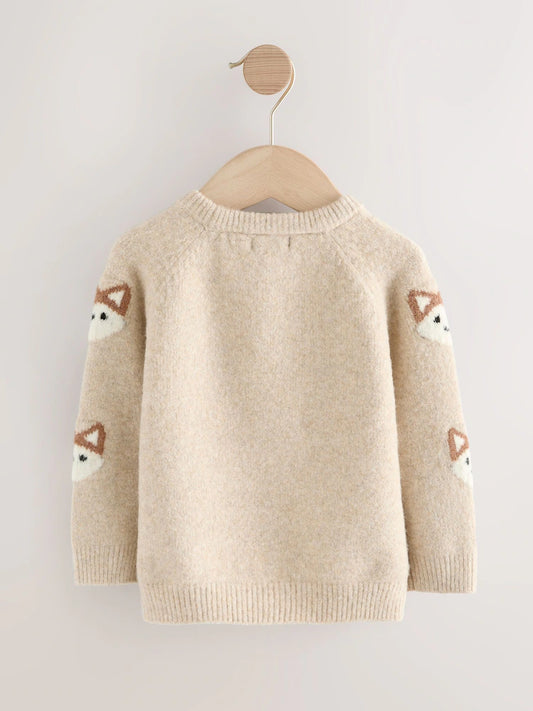 Neutral Fox Print Knitted Crew Neck Jumper (3mths-7yrs)