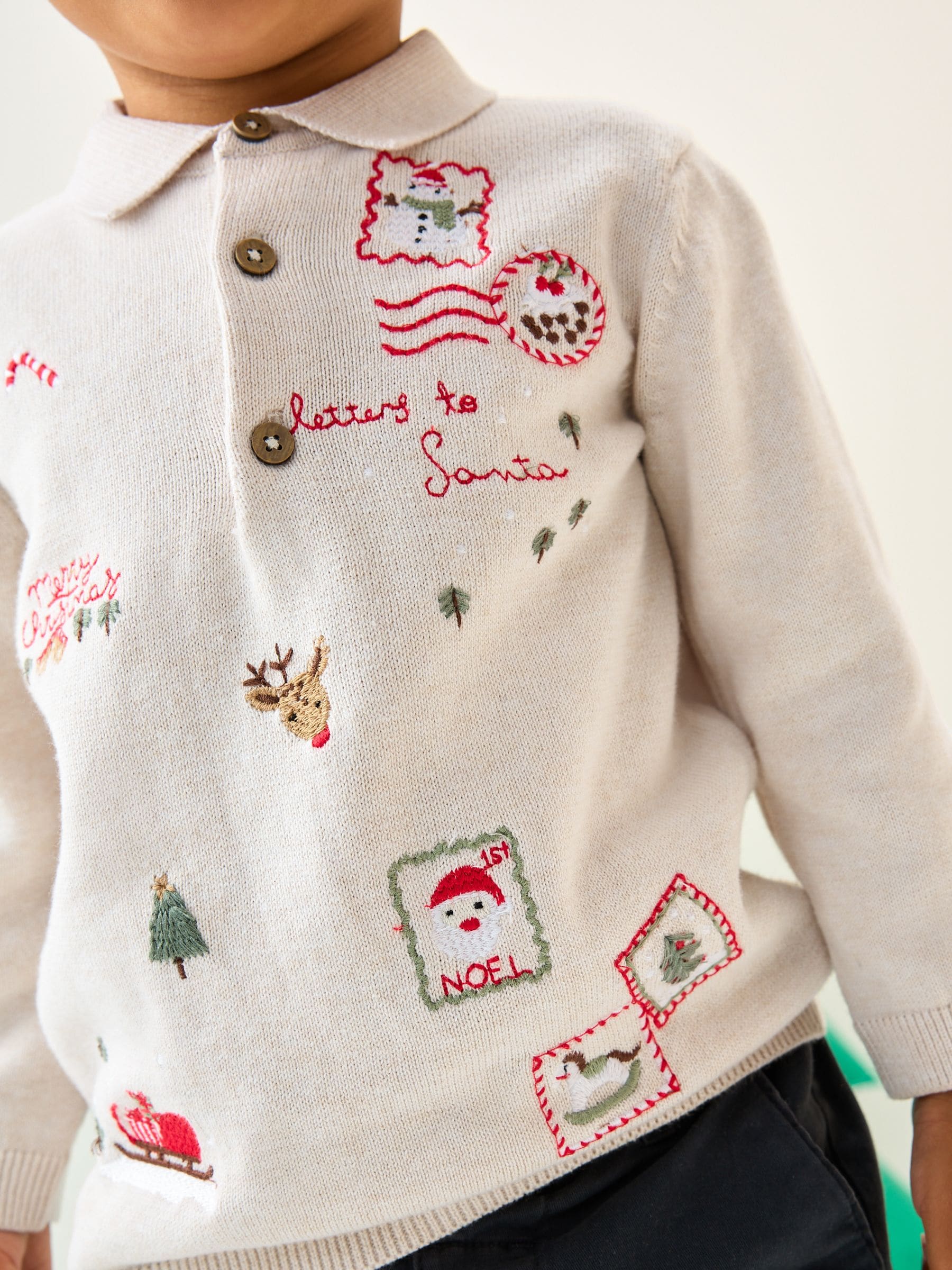 Dsiney Kidz - Cream All Over Embroidered Knitted Christmas Polo Shirt (3mths-7yrs) image 1