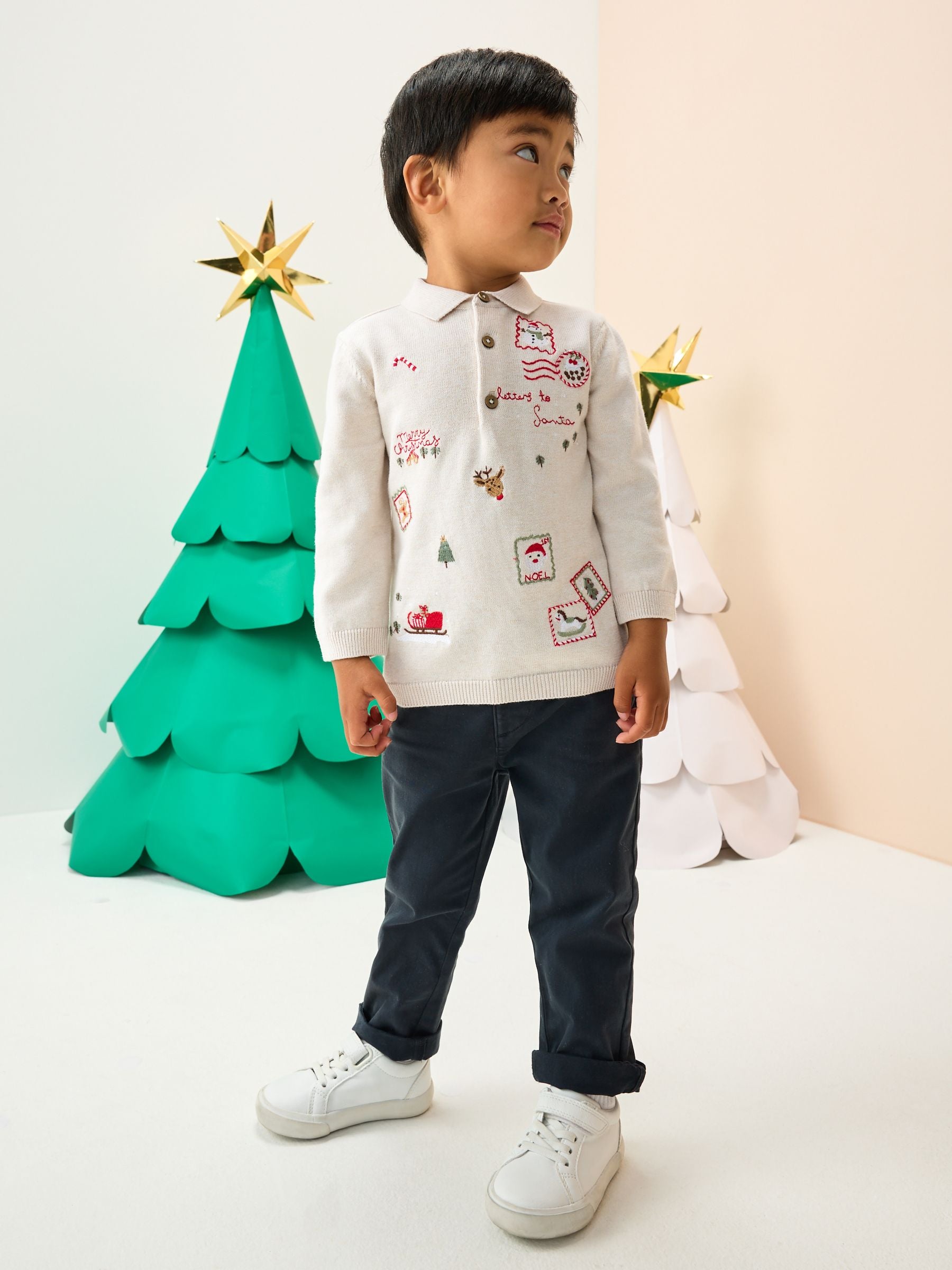Dsiney Kidz - Cream All Over Embroidered Knitted Christmas Polo Shirt (3mths-7yrs) image 2