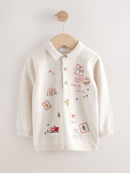 Dsiney Kidz - Cream All Over Embroidered Knitted Christmas Polo Shirt (3mths-7yrs) image 4