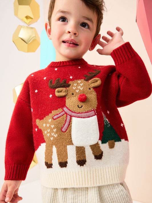 Bright Red Reindeer Knitted Christmas Jumper (3mths-7yrs)
