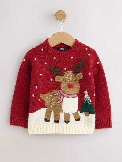 Bright Red Reindeer Knitted Christmas Jumper (3mths-7yrs)