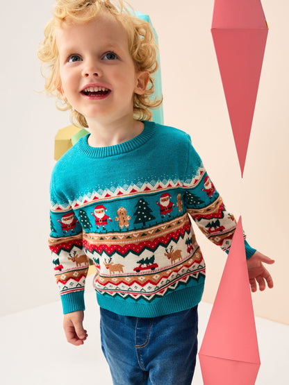 Teal Blue Fairisle Knitted Christmas Jumper (3mths-7yrs)