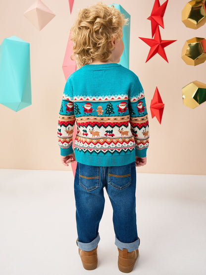 Teal Blue Fairisle Knitted Christmas Jumper (3mths-7yrs)