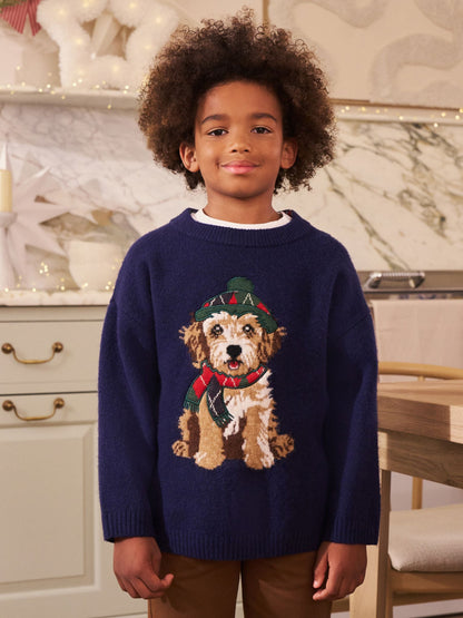 Navy Blue Dog Christmas Jumper (3mths-16yrs)