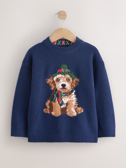 Navy Blue Dog Christmas Jumper (3mths-16yrs)
