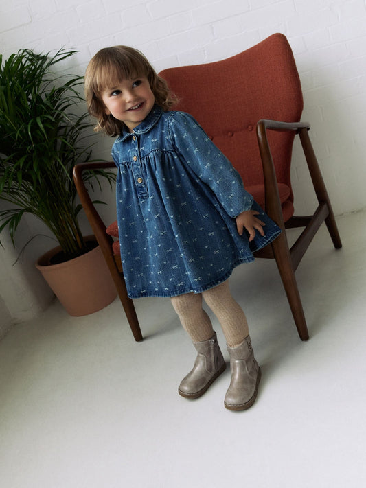 Denim Bow Long Sleeve Collar Dress (3mths-8yrs)