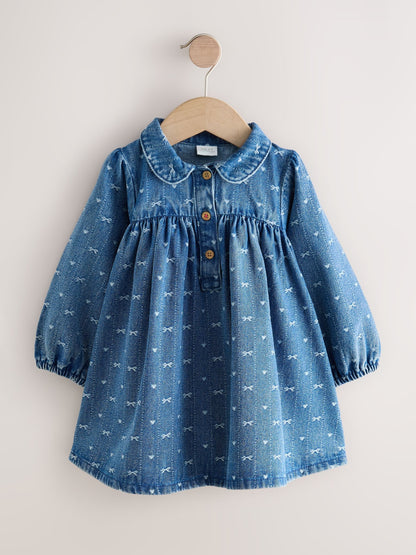 Denim Bow Long Sleeve Collar Dress (3mths-8yrs)