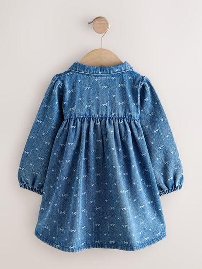 Denim Bow Long Sleeve Collar Dress (3mths-8yrs)