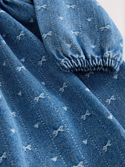 Denim Bow Long Sleeve Collar Dress (3mths-8yrs)