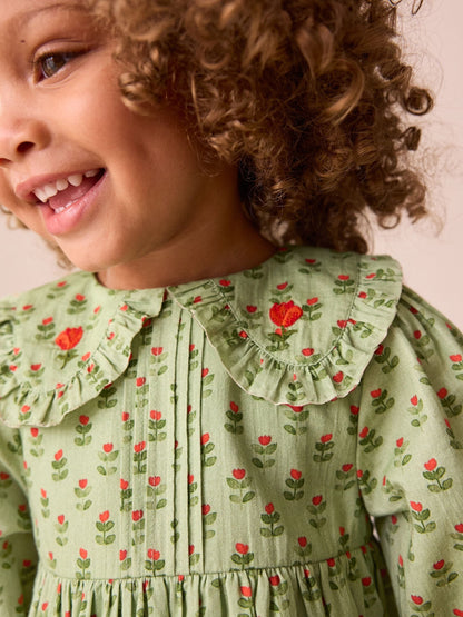 Green Printed Collar Long Sleeve Dress (3mths-8yrs) image 3