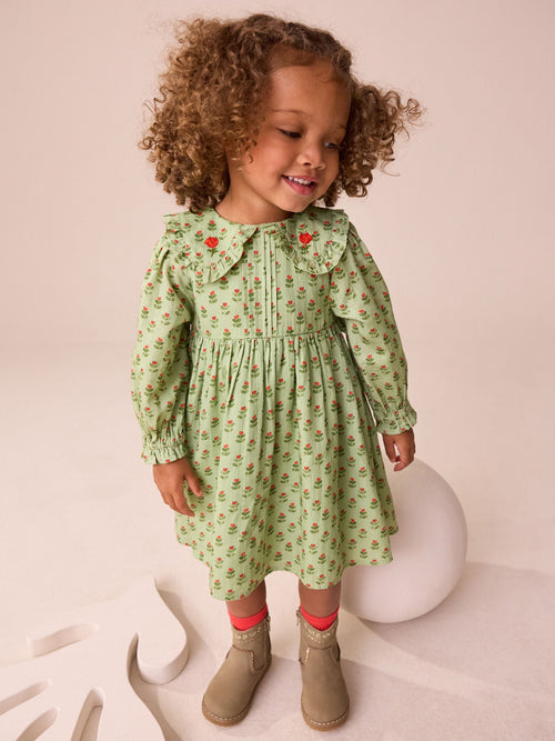 Green Printed Collar Long Sleeve Dress (3mths-8yrs) image 1