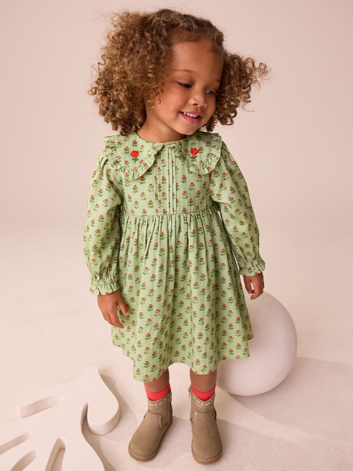 Green Printed Collar Long Sleeve Dress (3mths-8yrs) image 1