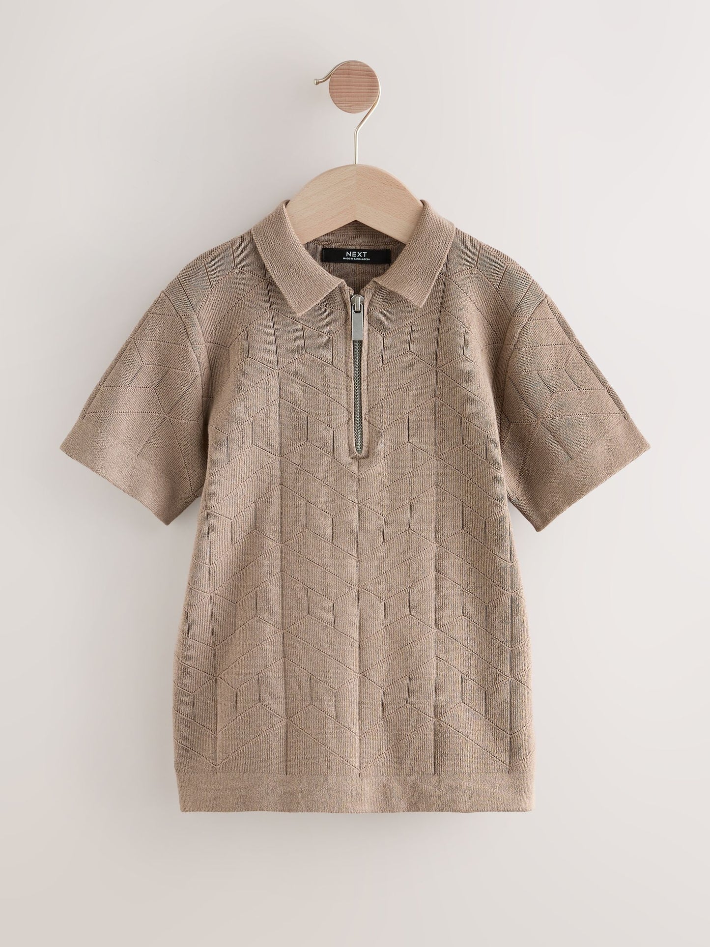 Dsiney Kidz - Taupe Brown Knitted Zip Neck Polo Shirt (3-16yrs) image 1