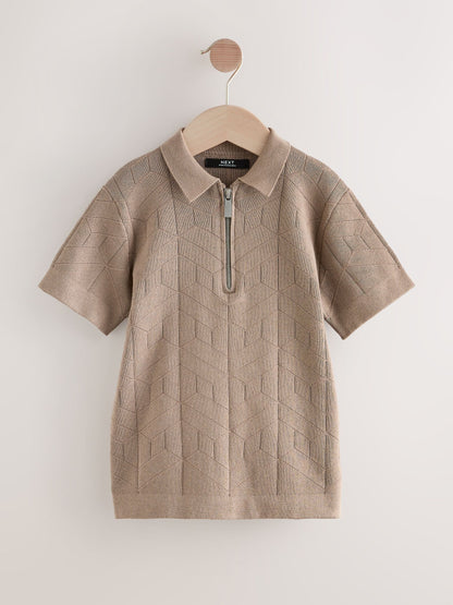 Dsiney Kidz - Taupe Brown Knitted Zip Neck Polo Shirt (3-16yrs) image 1