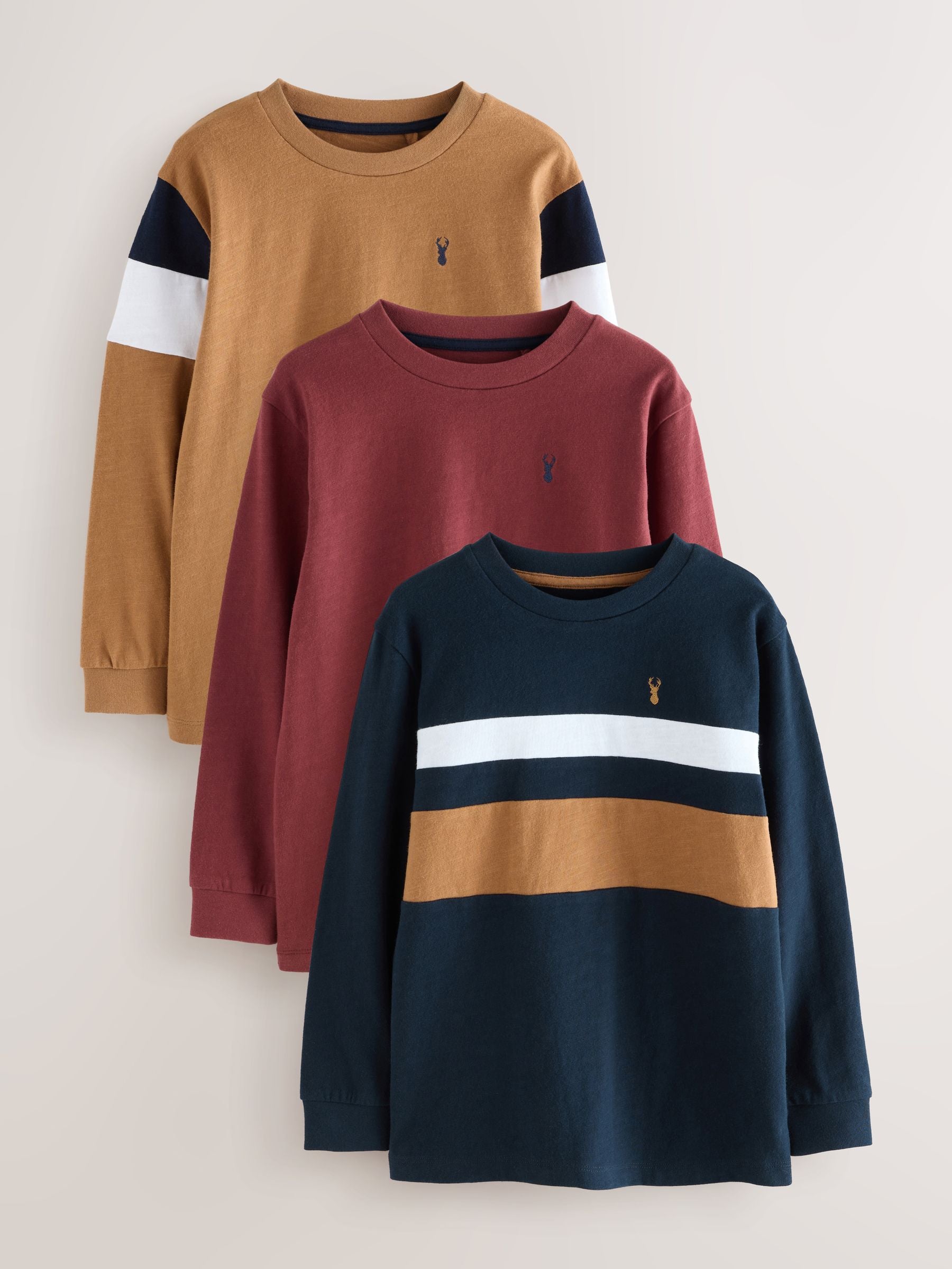 Dsiney Kidz - Berry/Tan/Navy Long Sleeve Colourblock T-Shirts 3 Pack (3-16yrs) image 1