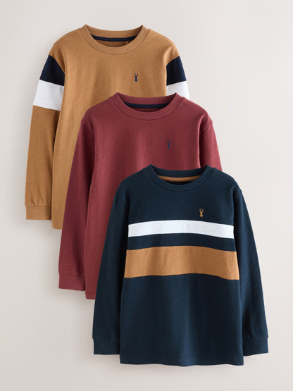Dsiney Kidz - Berry/Tan/Navy Long Sleeve Colourblock T-Shirts 3 Pack (3-16yrs) image 1