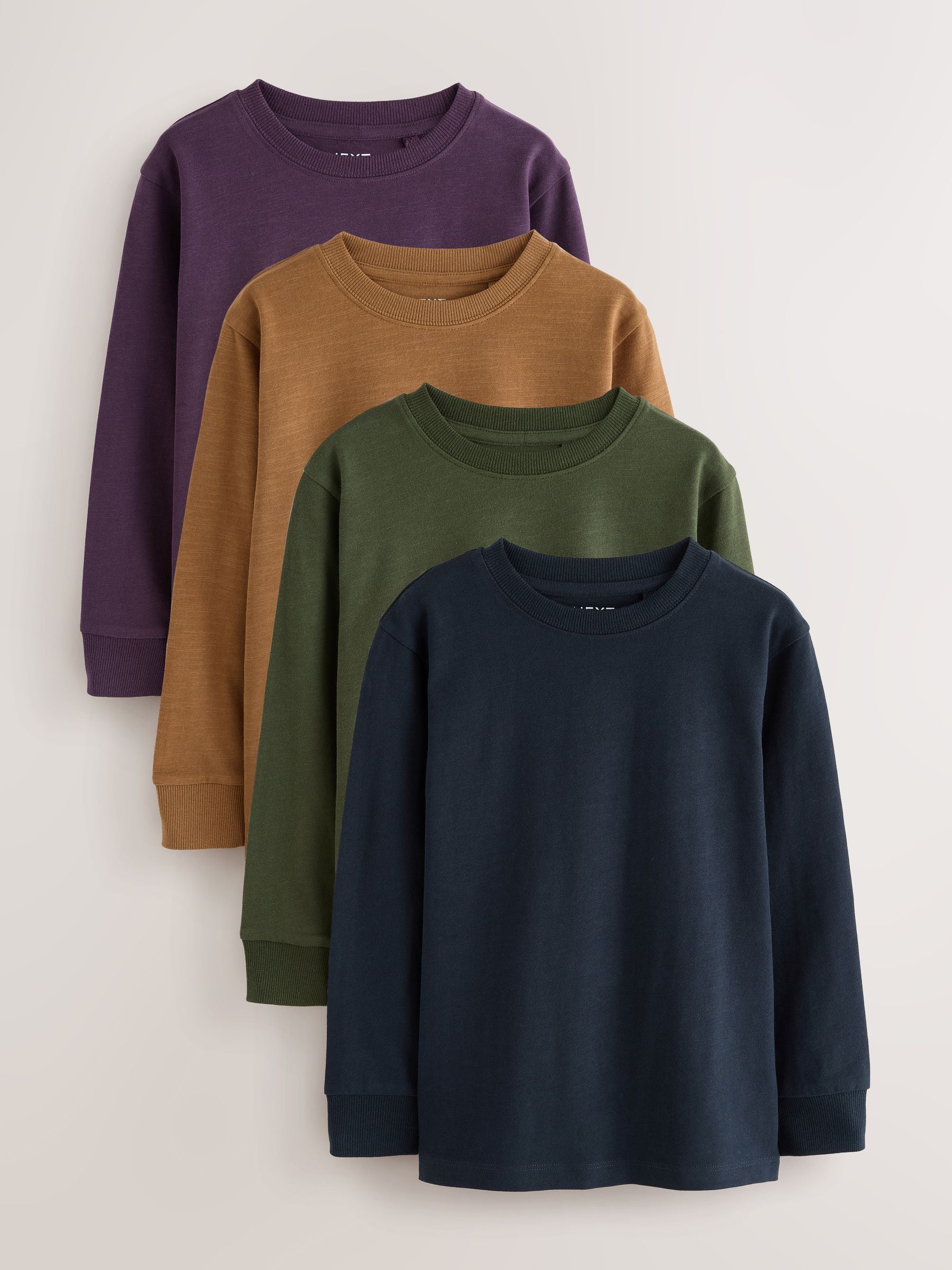 Dsiney Kidz - Khaki/Tan/Purple/Navy Plain Long Sleeve Cosy T-Shirts 4 Pack (3-16yrs) image 1