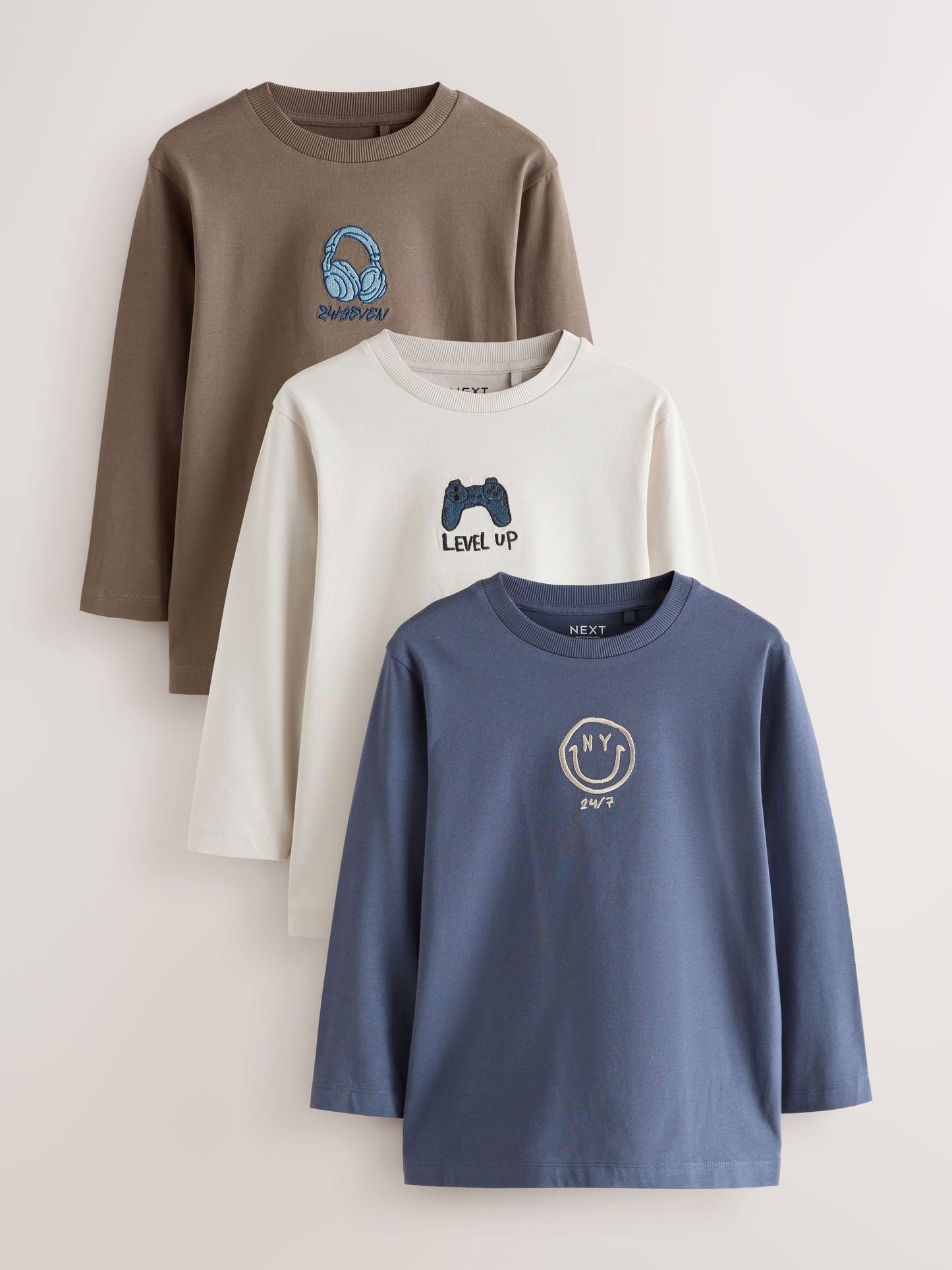 Dsiney Kidz - Grey/Blue/Brown Embroidery Graphic Long Sleeve T-Shirts 3 Pack (3-16yrs) image 1