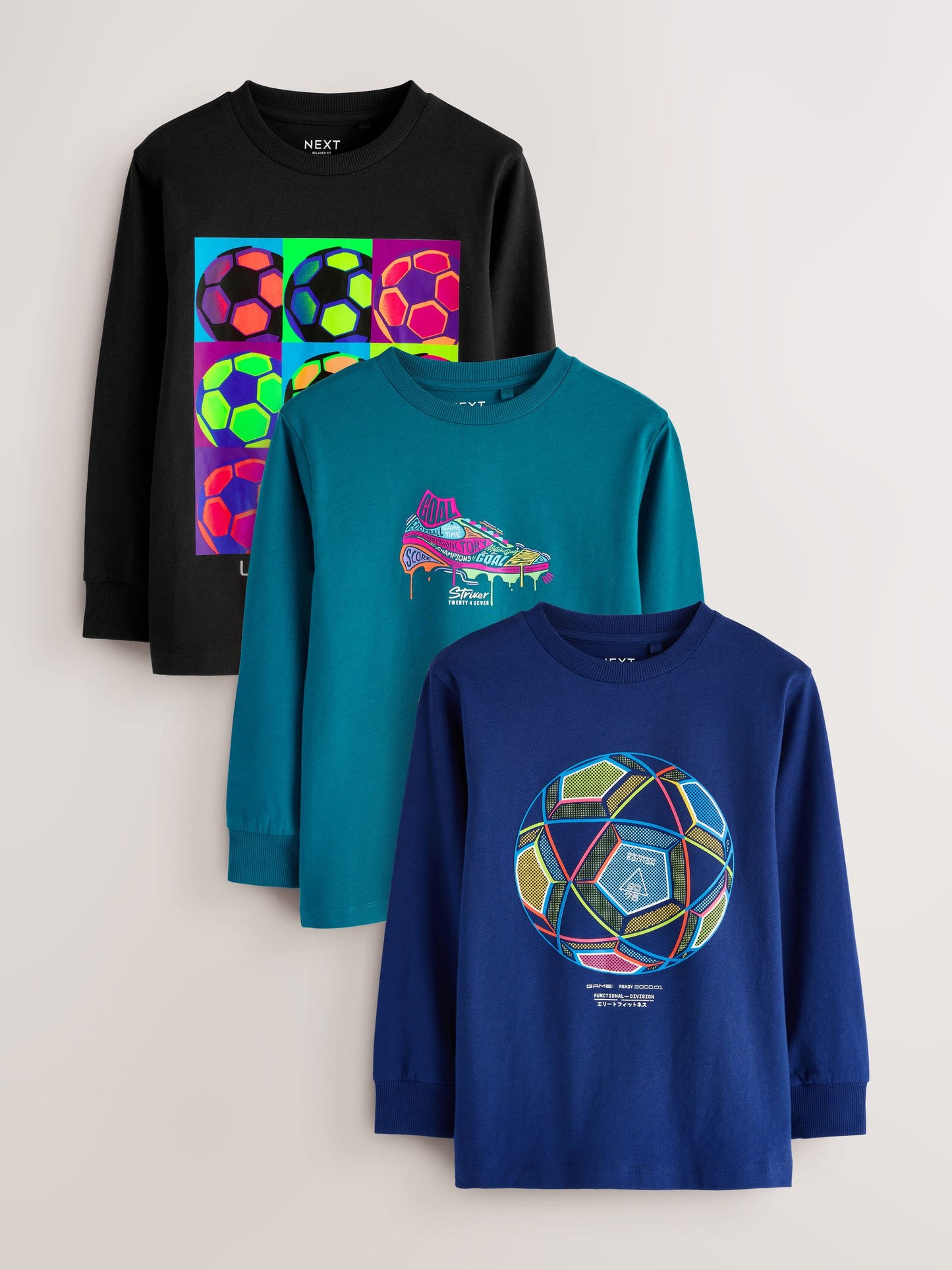 Dsiney Kidz - Blue/Teal/Black Football Relaxed Fit Graphic Print Long Sleeve T-Shirts 3 Pack (3-16yrs) image 1