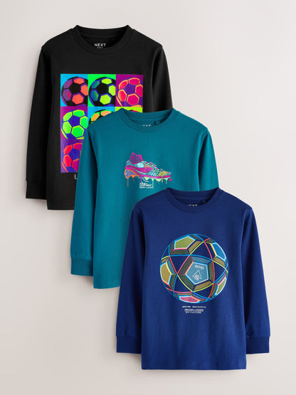 Dsiney Kidz - Blue/Teal/Black Football Relaxed Fit Graphic Print Long Sleeve T-Shirts 3 Pack (3-16yrs) image 1