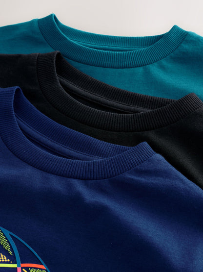 Dsiney Kidz - Blue/Teal/Black Football Relaxed Fit Graphic Print Long Sleeve T-Shirts 3 Pack (3-16yrs) image 6