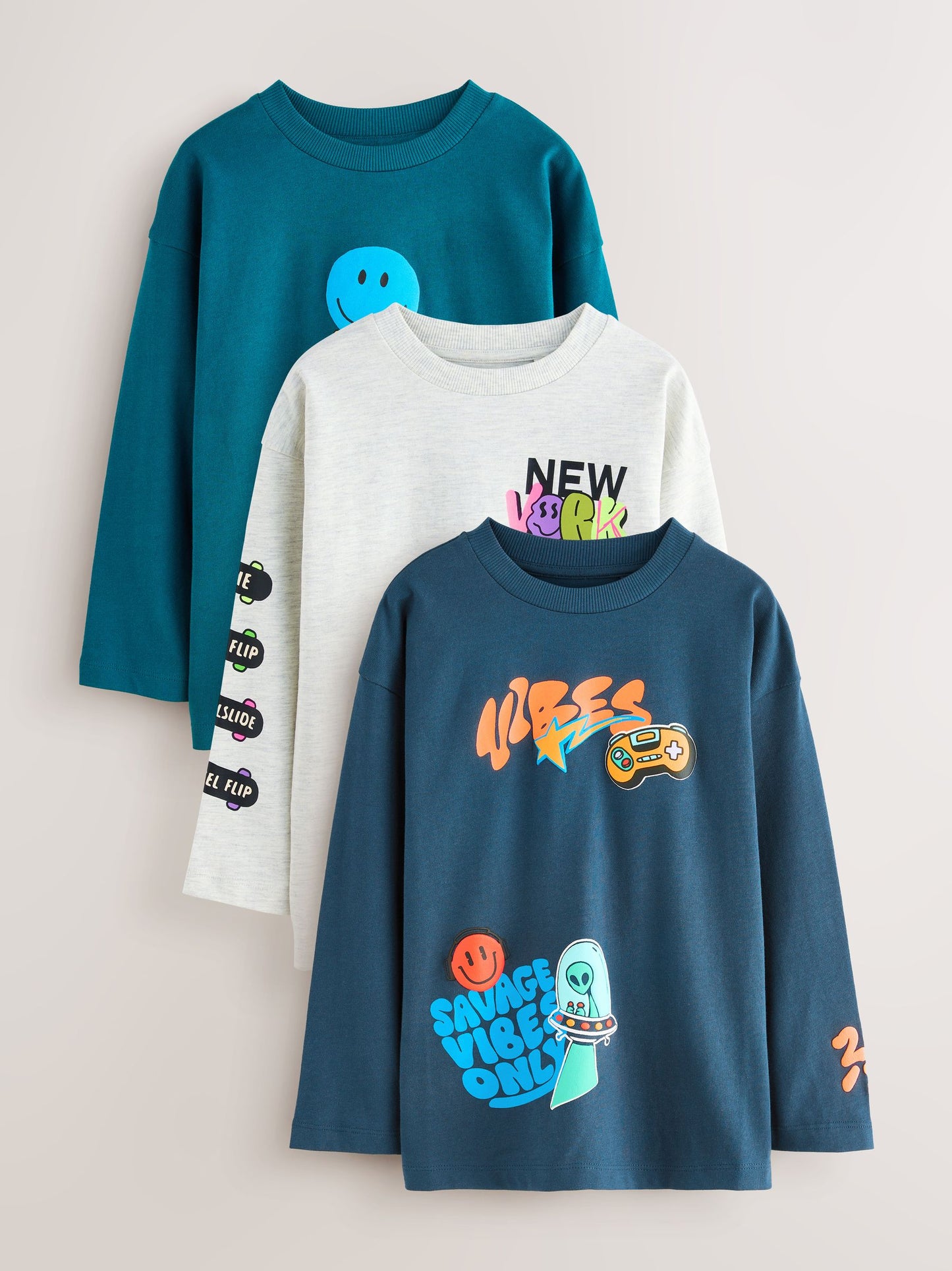 Dsiney Kidz - Teal/Blue/Grey Bright Graffiti Relaxed Fit Graphic Print Long Sleeve T-Shirts 3 Pack (3-16yrs) image 1