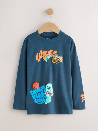 Dsiney Kidz - Teal/Blue/Grey Bright Graffiti Relaxed Fit Graphic Print Long Sleeve T-Shirts 3 Pack (3-16yrs) image 3