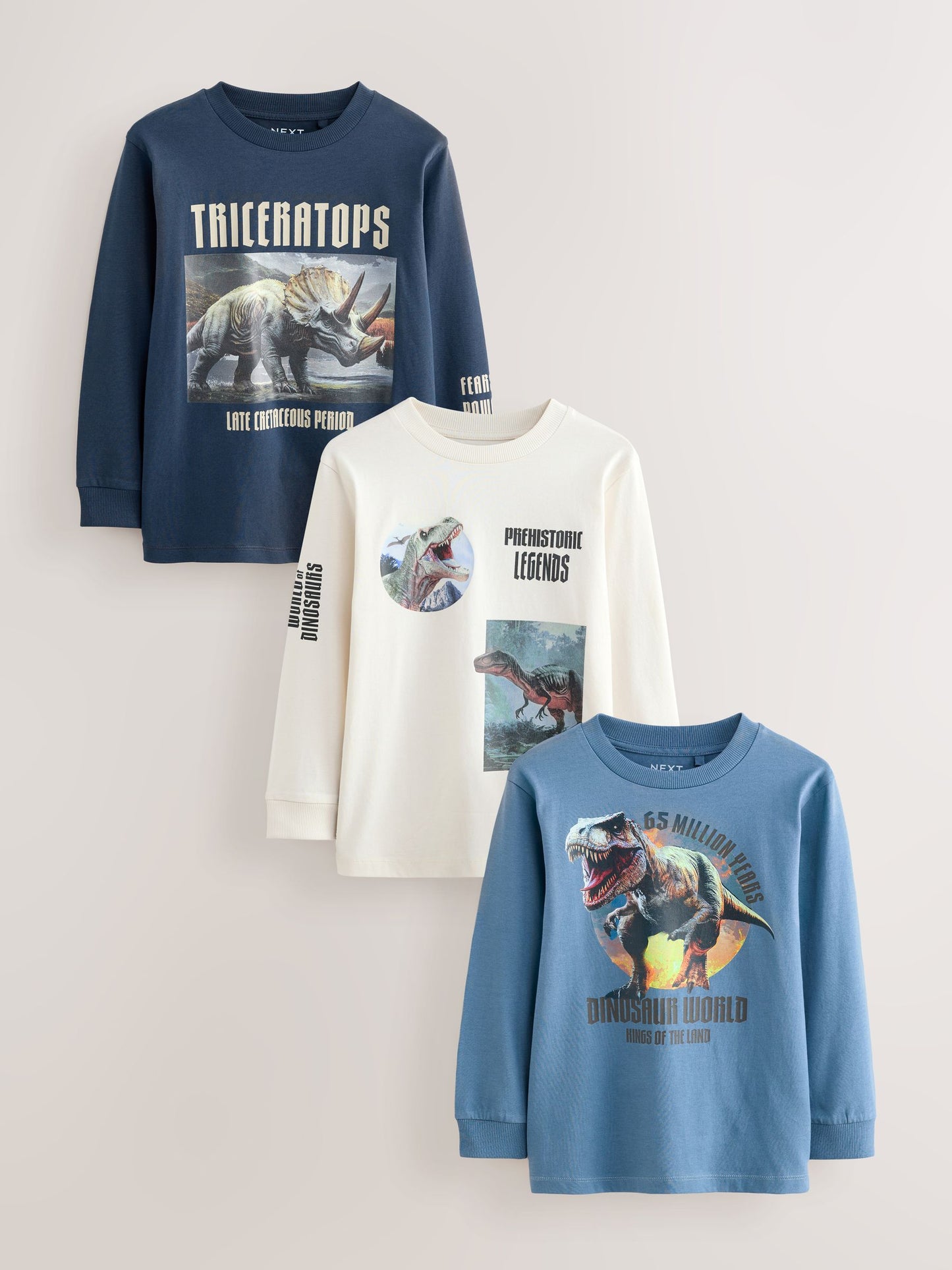 Dsiney Kidz - Navy/Blue/Ecru Dino Graphic Long Sleeve T-Shirts 3 Pack (3-16yrs) image 1