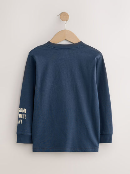 Dsiney Kidz - Navy/Blue/Ecru Dino Graphic Long Sleeve T-Shirts 3 Pack (3-16yrs) image 3