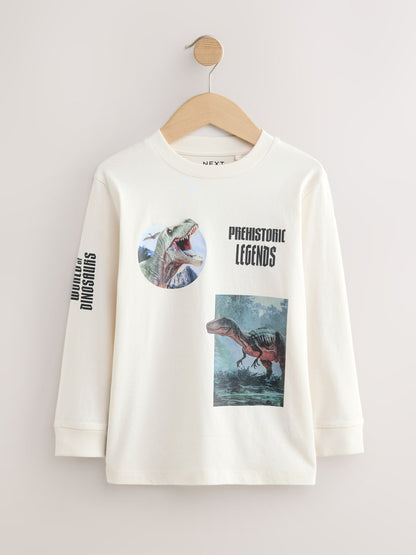 Dsiney Kidz - Navy/Blue/Ecru Dino Graphic Long Sleeve T-Shirts 3 Pack (3-16yrs) image 4