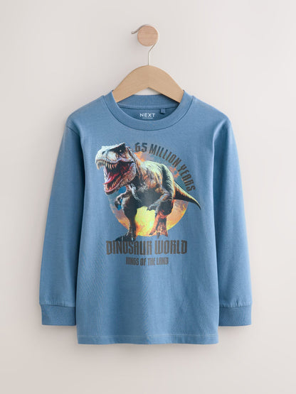 Dsiney Kidz - Navy/Blue/Ecru Dino Graphic Long Sleeve T-Shirts 3 Pack (3-16yrs) image 5