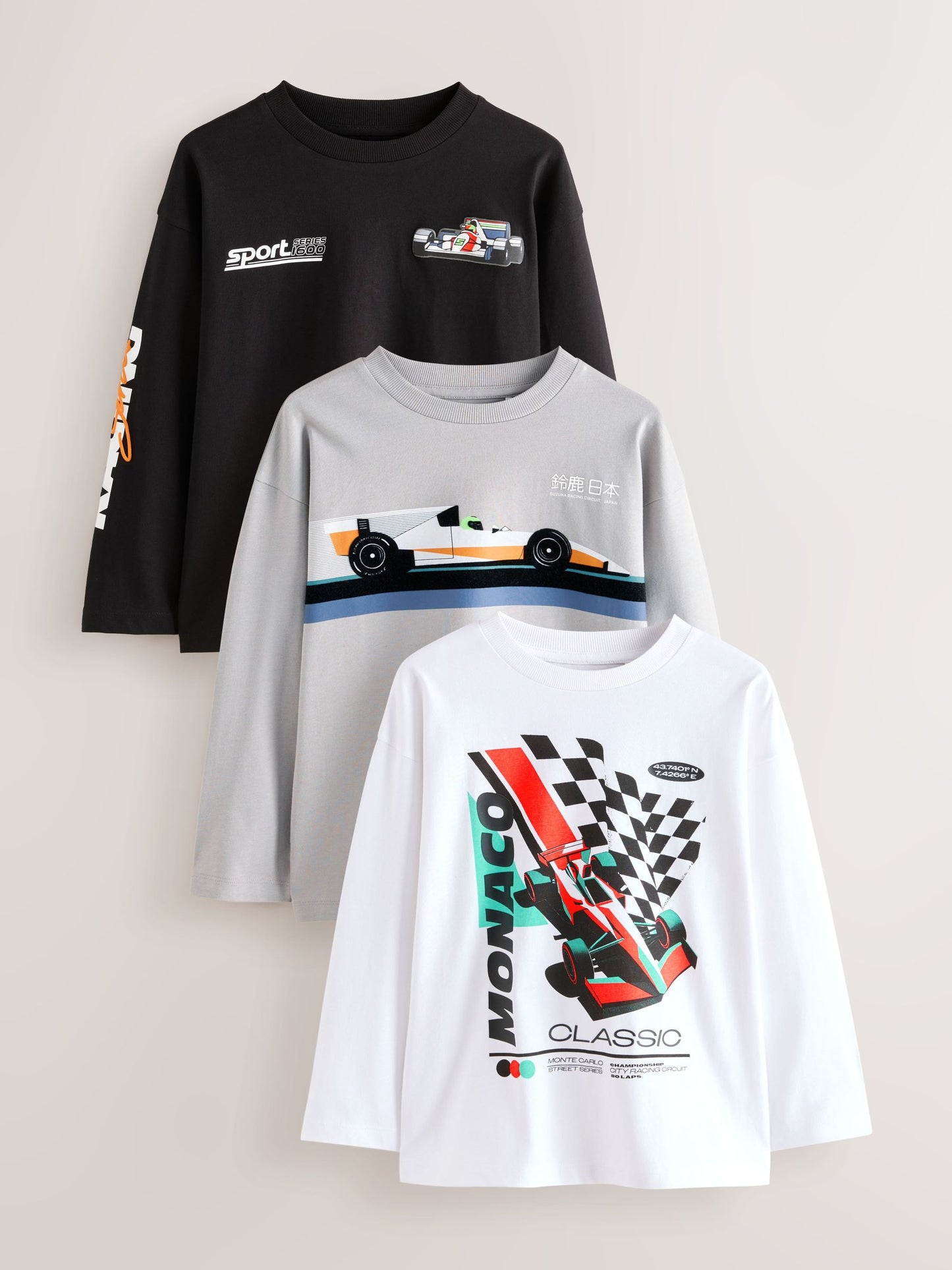 Dsiney Kidz - Black/White/Grey Cars Relaxed Fit Graphic Print Long Sleeve T-Shirts 3 Pack (3-16yrs) image 1