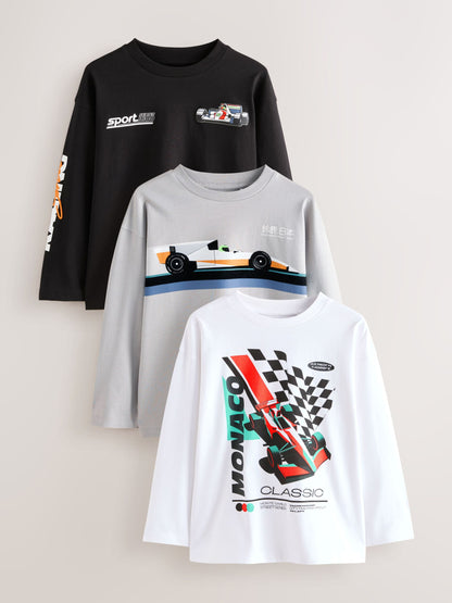 Dsiney Kidz - Black/White/Grey Cars Relaxed Fit Graphic Print Long Sleeve T-Shirts 3 Pack (3-16yrs) image 1