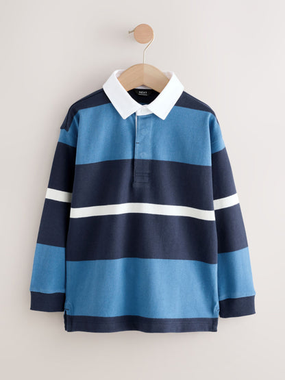 Dsiney Kidz - Blue/White Long Sleeve Rugby 100% Cotton Polo Shirt (3-16yrs) image 1