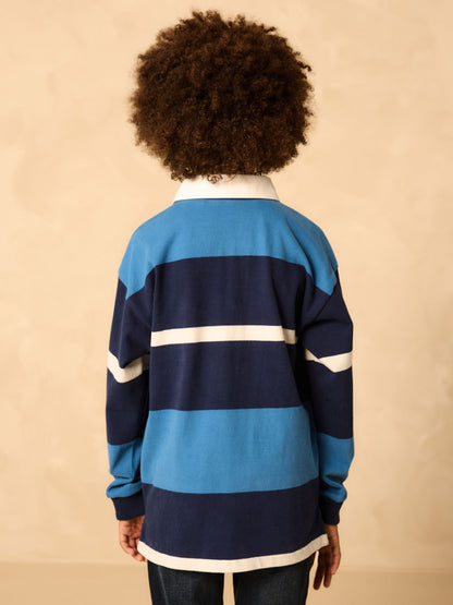 Dsiney Kidz - Blue/White Long Sleeve Rugby 100% Cotton Polo Shirt (3-16yrs) image 3