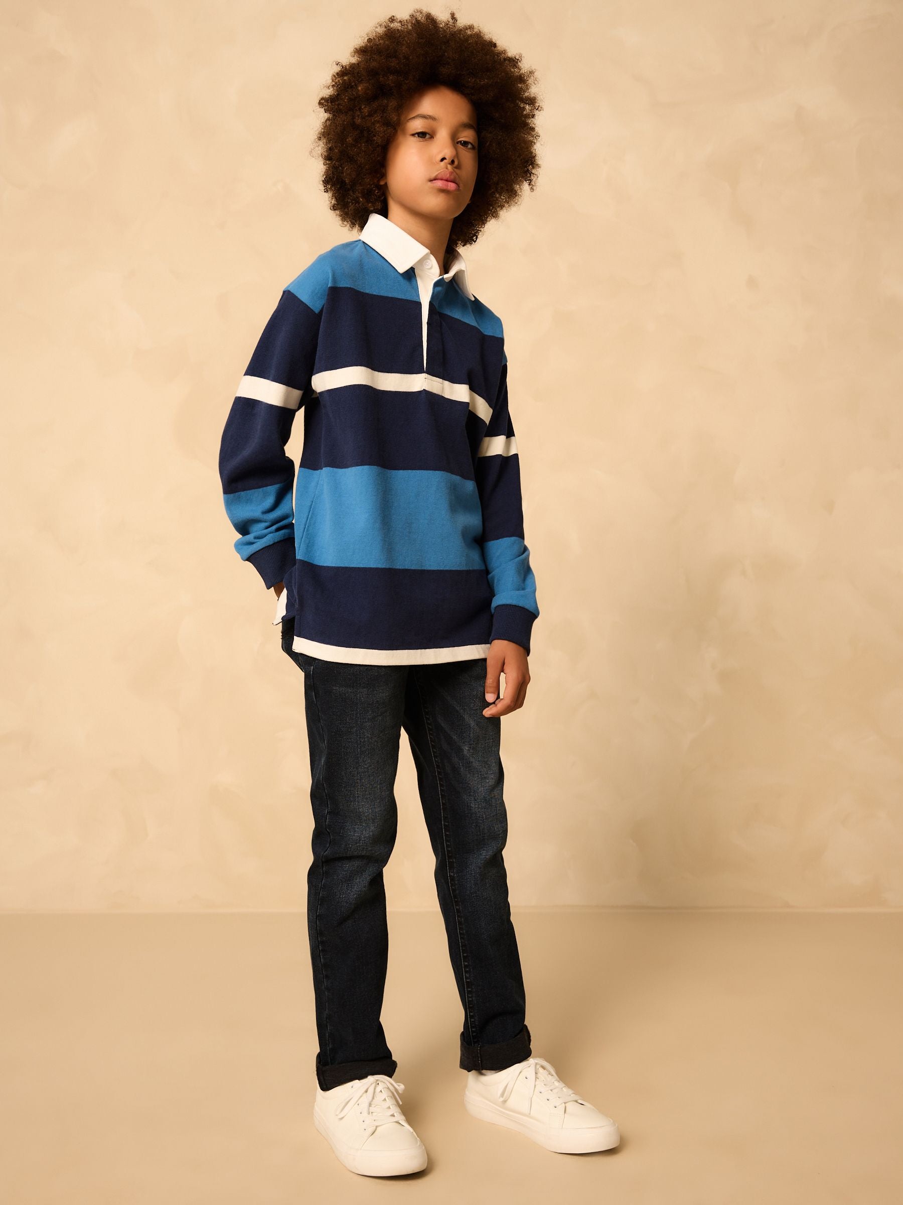 Dsiney Kidz - Blue/White Long Sleeve Rugby 100% Cotton Polo Shirt (3-16yrs) image 4