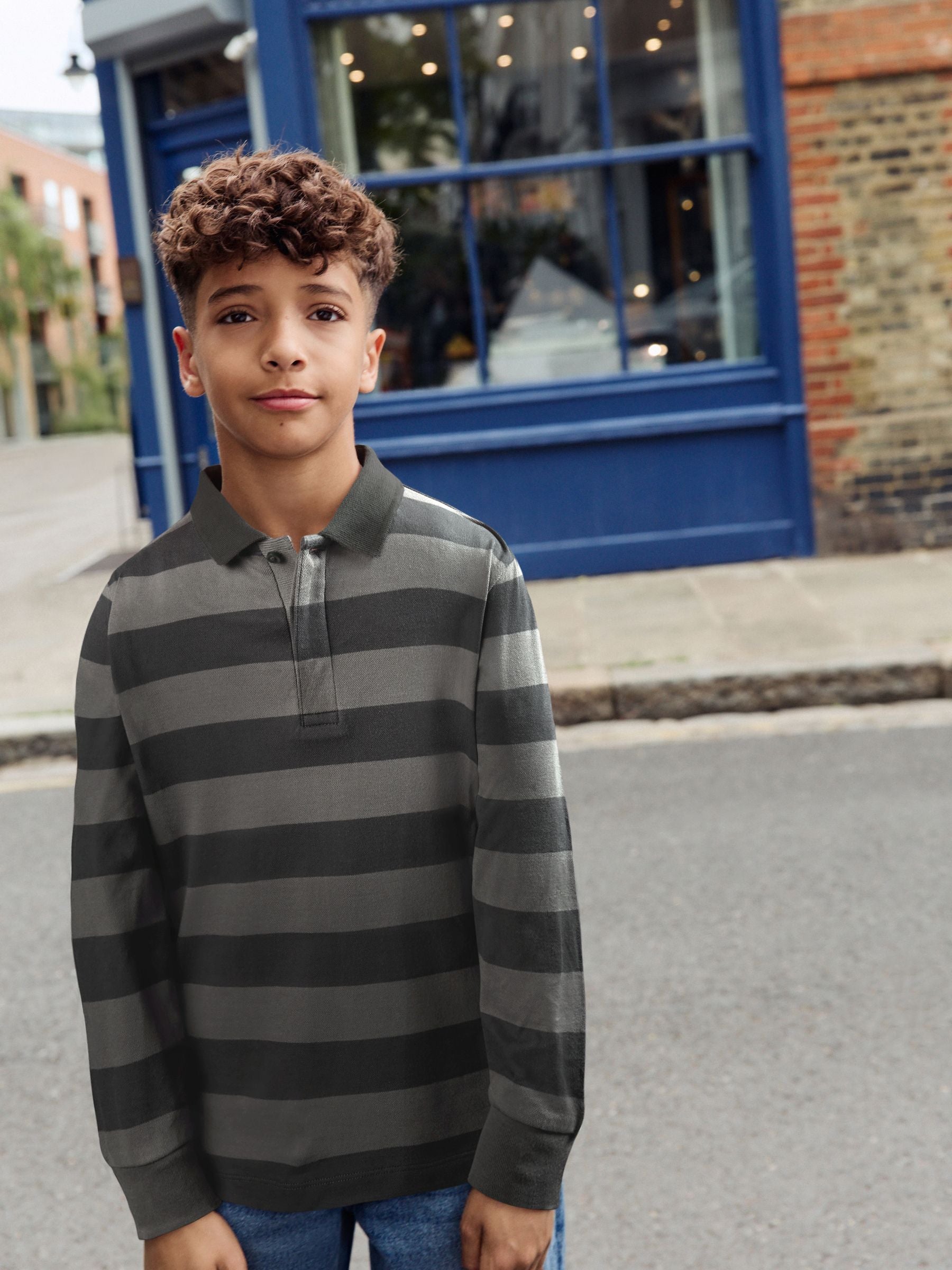 Dsiney Kidz - Charcoal/Grey Stripe Long Sleeve Polo Shirt (3-16yrs) image 1