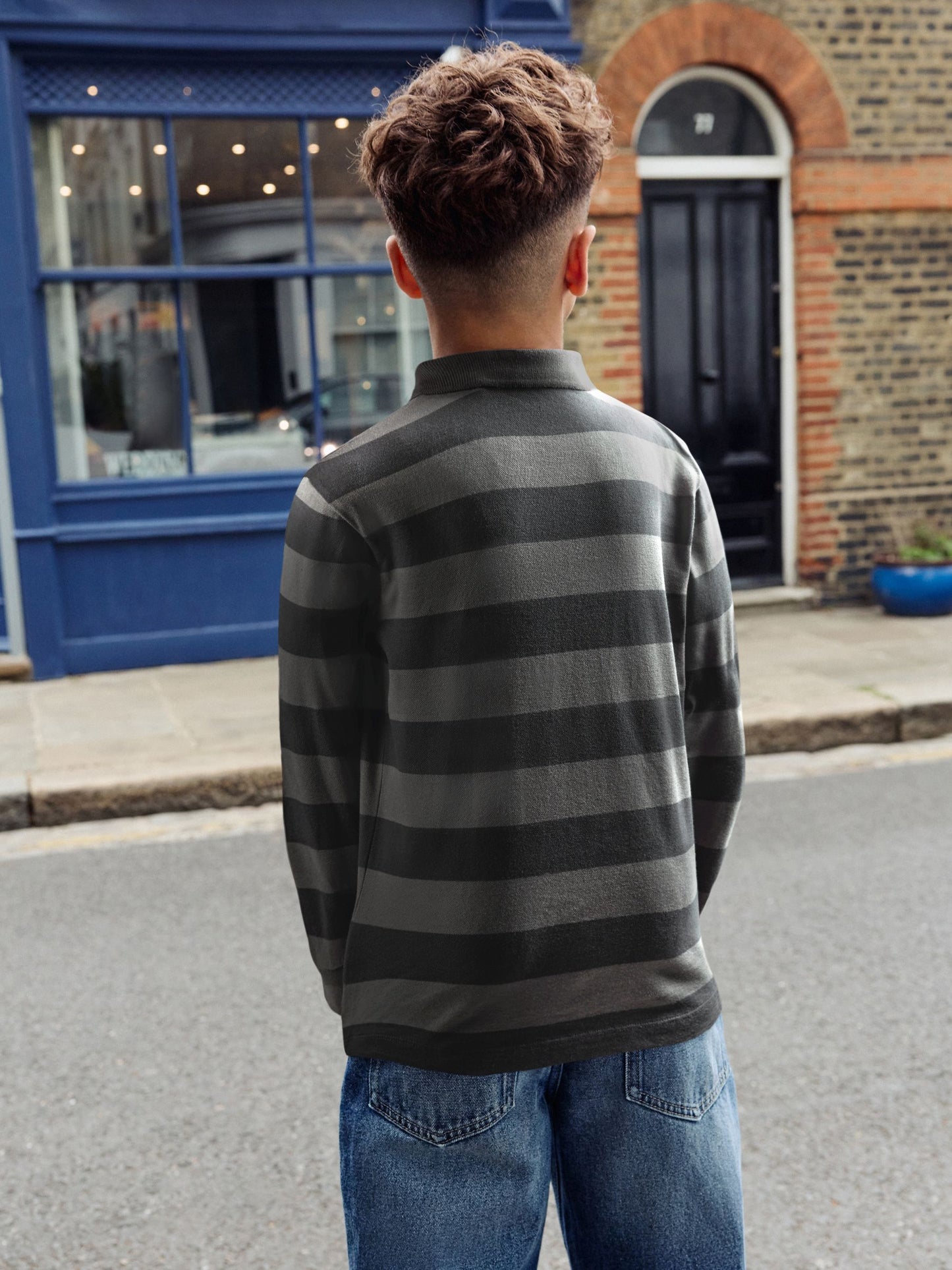 Dsiney Kidz - Charcoal/Grey Stripe Long Sleeve Polo Shirt (3-16yrs) image 2
