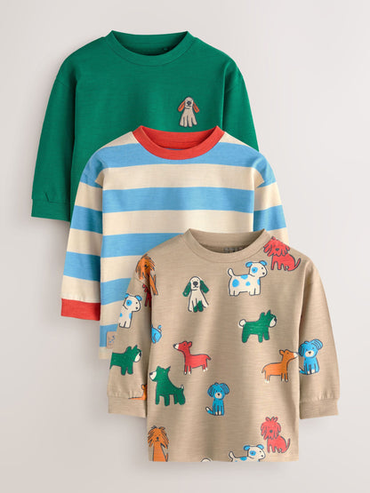 Multi Dogs Long Sleeve Graphic Print T-Shirts 3 Pack (3mths-7yrs) image 1